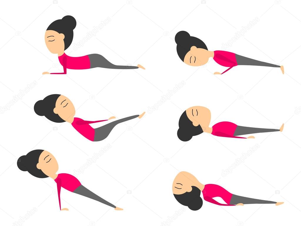 Vector set of yoga poses for health and flexibility. Woman yoga exercises for class or studio. Vector illustration in cartoon style on isolated white background