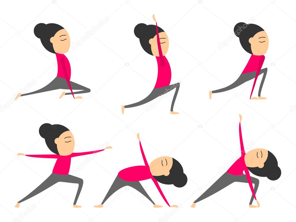 Vector set of yoga poses for health and flexibility. Collection of yoga asanas. Woman yoga exercises for class or studio. Vector illustration in cartoon style on isolated white background