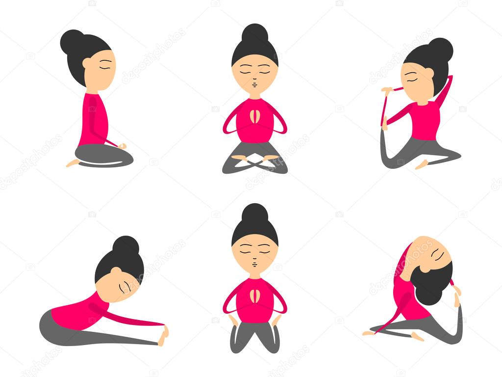 Vector set of yoga poses for health and flexibility. Woman yoga exercises for class or studio. Vector illustration in cartoon style on isolated white background