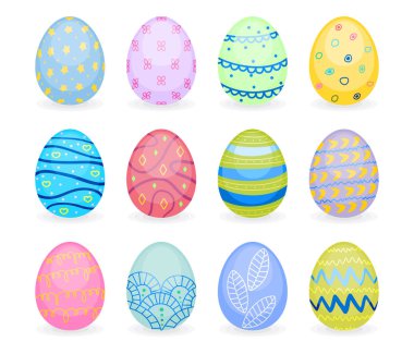 Renkli yumurta Paskalya tatili için kümesi. Geleneksel Paskalya sembolleri olarak boyalı yumurta