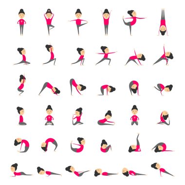 Vektör yoga pozlar sağlık ve esneklik için set. Kadın yoga egzersizleri sınıfının veya stüdyo. Spor yaşam tarzı kavramı. Yoga asanas topluluğu. Vektör çizim karikatür tarzı izole beyaz zemin üzerine