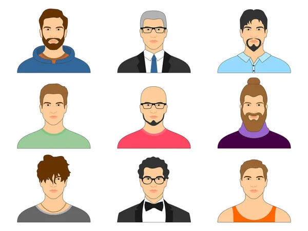 Erkek avatar kümesi. İzole arka yüzündeki farklı erkekler topluluğu.