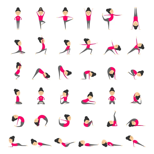 Vektör yoga pozlar sağlık ve esneklik için set. Kadın yoga egzersizleri sınıfının veya stüdyo. Spor yaşam tarzı kavramı. Yoga asanas topluluğu. Vektör çizim karikatür tarzı izole beyaz zemin üzerine