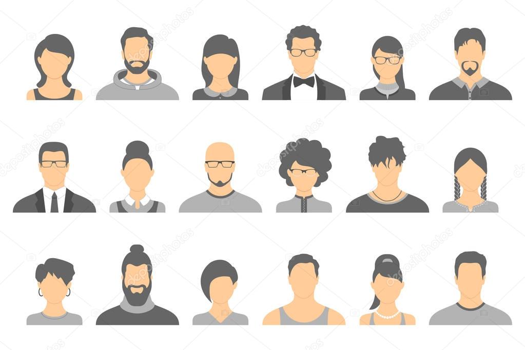 Set of anonymous avatar icons.  Vector collection of different male and female faces on isolated background.
