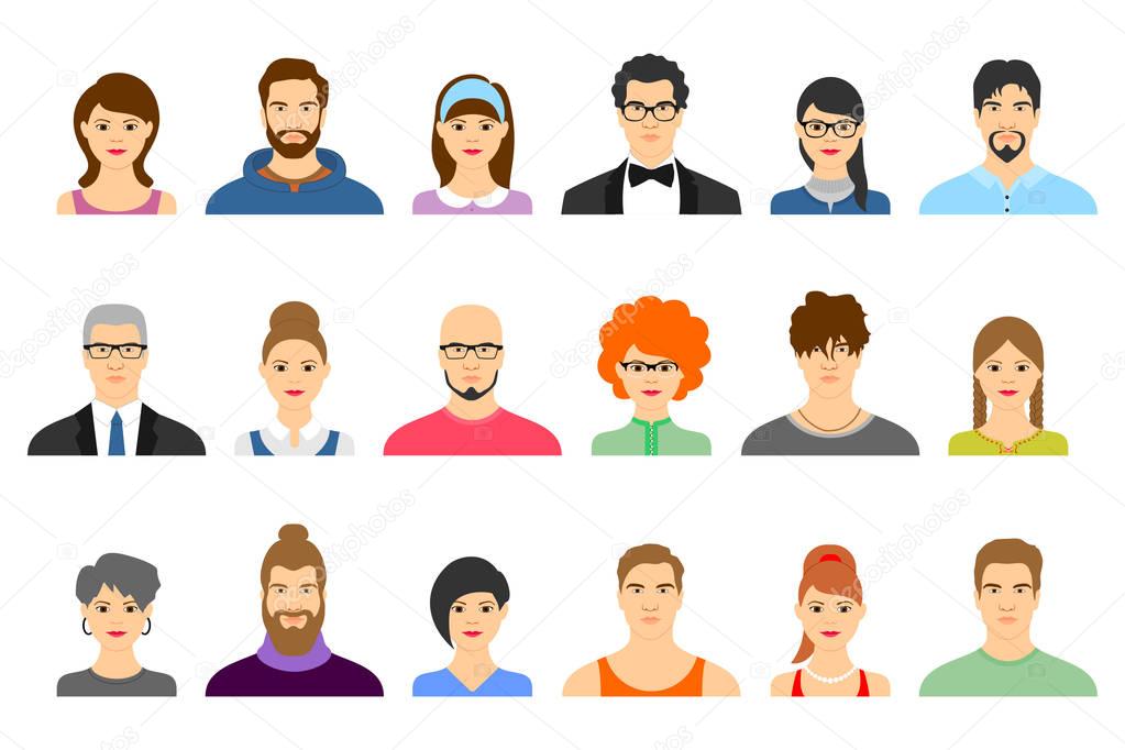 Set of people avatar icons.  Vector collection of different male and female faces on isolated background.