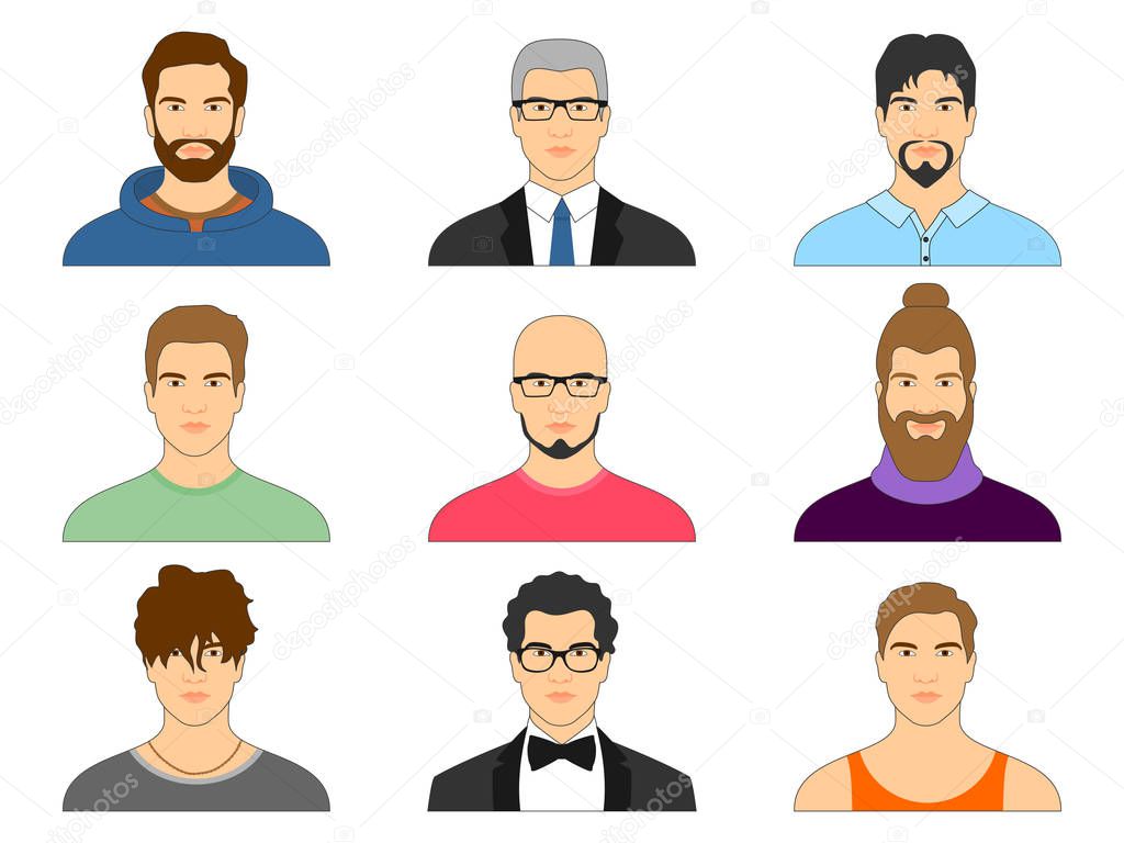 Set of male avatar.  Collection of different men faces on isolated background.