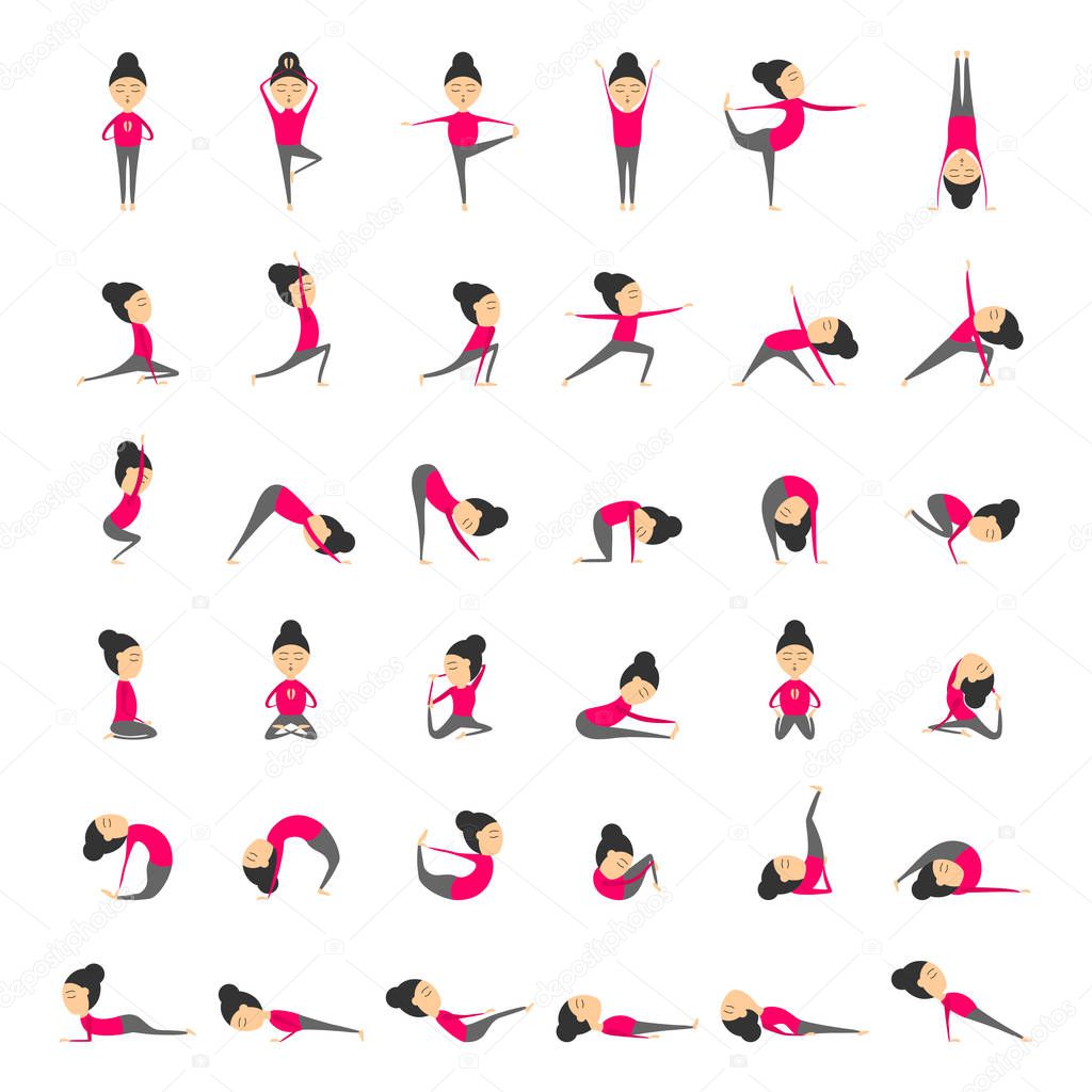 Vector set of yoga poses for health and flexibility. Woman yoga exercises for class or studio. Concept of sport style life. Collection of yoga asanas. Vector illustration in cartoon style on isolated white background