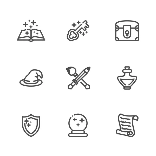 Oyun geliştiricileri için fantezi ince anahat simgeleri koleksiyonu. İnce çizgiler içinde yuvarlak tatili ile vektör Icon set
