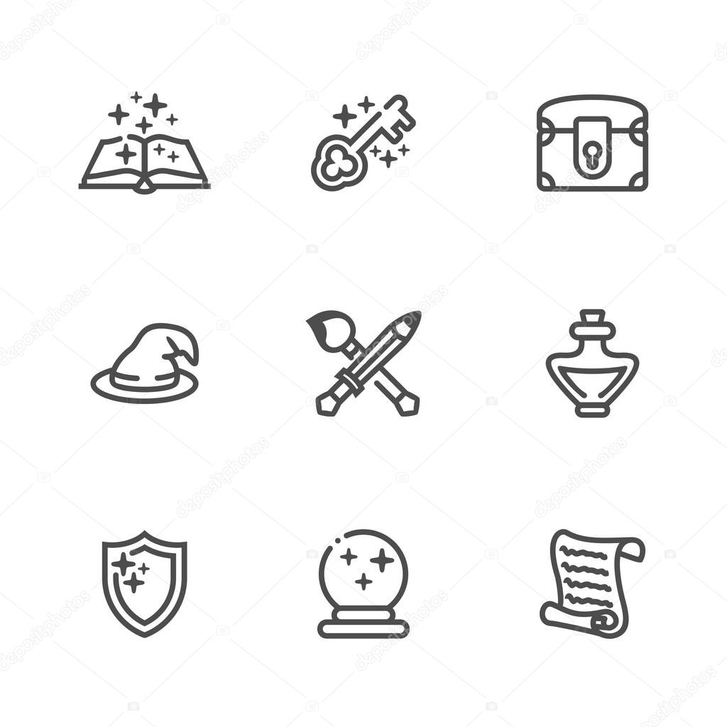 Collection of fantasy thin outline icons for game developers. Vector icon set with rounded breaks in thin lines