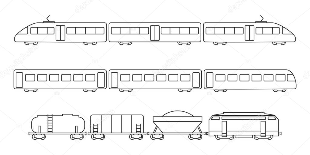 Vector collection of rail transport silhouettes. Passenger and freight transport set of wagons and locomotives. 