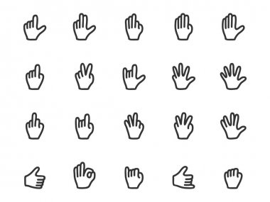 Anahat tarzı jest simgelerin vektör ayarlayın. El simgeler koleksiyonu: parmak sayma, dur, yumruk, şeytan boynuzlarını, Tamam, zafer işareti 
