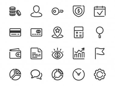 İşletme ve pazarlama için ince çizgi simgeler kümesi. Anahat simgeleri kurumsal geliştirme topluluğu.