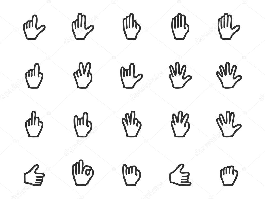 Vector set of gesture icons in outline style. Collection of hand icons: finger counting, stop, fist, devil horns, okay, victory sign 