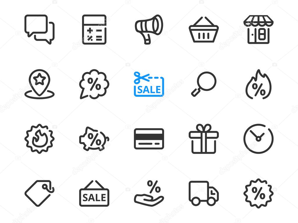 Set of thin line icons of discount symbols for sale. Collection of vector outline icons: store, shopping bag, gift box, discount, sale, coupon, delivery