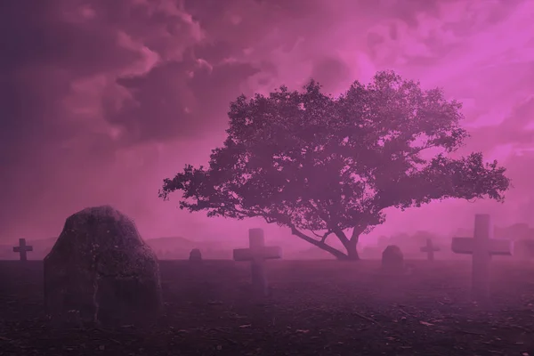 Ürkütücü mezarlık sahne macenta filtre renk ile