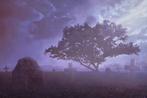Spooky graveyard scene with purple filter color