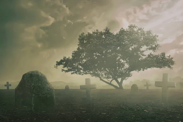 Ürkütücü mezarlık sahne sarı filtre renk ile