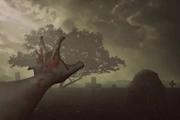 Zombie left-handed viewing angle, with a creepy cemetery background. — Stock Photo, Image