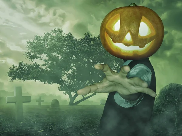 Man with Halloween pumpkin on his head with graveyard and tree background. Hand Forward. — Stock Photo, Image