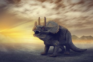 dinozorlar - Triceratops dinozorlar oyuncak gibi gerçek bir dijital görüntüleme üzerinde. dramatik sahne ile.