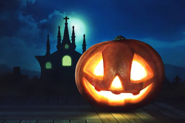 Halloween pompoen hoofd hefboom o lantaarn op houten vloer met kasteel en volle maan in de achtergrond van de hemel — Stockfoto