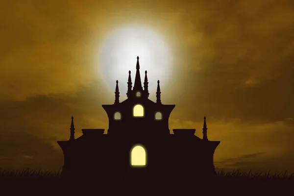 Silhouette of the castle looks ahead with the background of a full moon in the sky — Stock Photo, Image