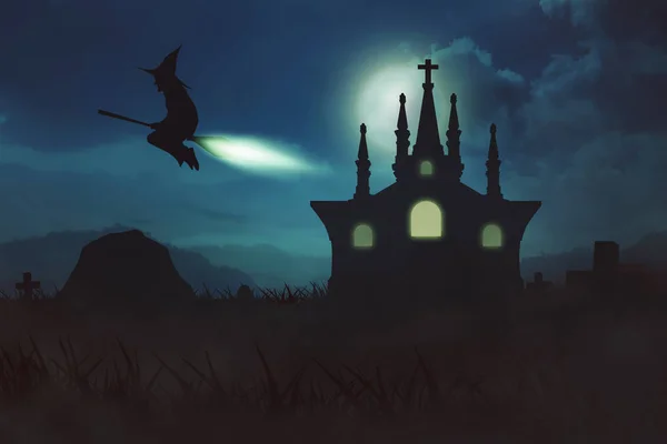 The flying magician brings a broom with a half moon background — Stock Photo, Image