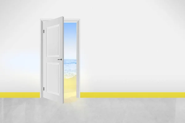 an open white door with a beach background