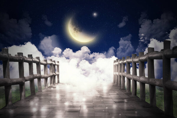 Exit from the cave, night scene view, ful moon and stairy night.