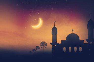 Gece yüksek minareli caminin silueti filtre renginde 