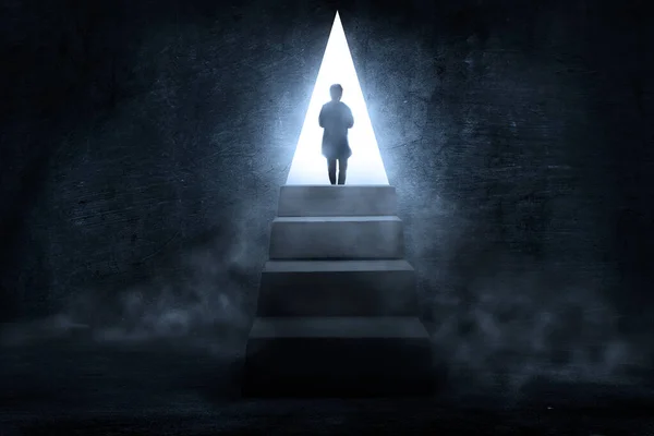 Sis ve sisli, karanlık, yoğun katlı bir karanlık oda. Merdivenlerden tek çıkış yolu var. 