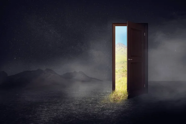 Yeşil çevresi olan yeni dünyaya tahta bir kapı aç. İklim değişikliği konsepti. Gün konsepti. Gece gündüze