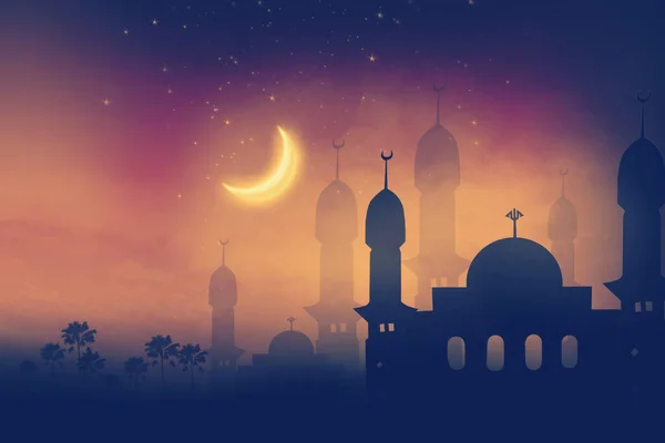 Gece yüksek minareli caminin silueti filtre renginde 