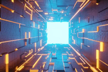 Aydınlatılmış koridor iç tasarımı. Işık arka planlı soyut gelecekçi tünel. 3B görüntüleme.