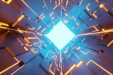 Aydınlatılmış koridor iç tasarımı. Işık arka planlı soyut gelecekçi tünel. 3B görüntüleme.