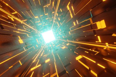 Aydınlatılmış koridor iç tasarımı. Işık arka planlı soyut gelecekçi tünel. 3B görüntüleme.