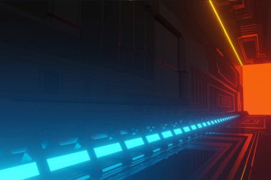 Aydınlatılmış koridor iç tasarımı. Işık arka planlı soyut gelecekçi tünel. 3B görüntüleme.