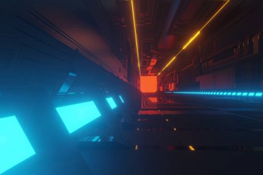 Aydınlatılmış koridor iç tasarımı. Işık arka planlı soyut gelecekçi tünel. 3B görüntüleme.