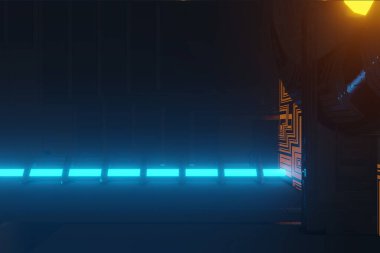 Aydınlatılmış koridor iç tasarımı. Işık arka planlı soyut gelecekçi tünel. 3B görüntüleme.