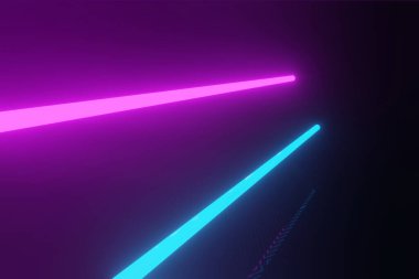 Koyu dokuma arka planında 3D görüntüleme, parlayan neon mavisi ve mor