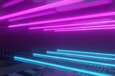 Koyu dokuma arka planında 3D görüntüleme, parlayan neon mavisi ve mor