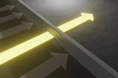 Beton zemindeki duvarı delip geçen parlak bir ok. İlerleme ve başarı kavramı. 3B Hazırlama 