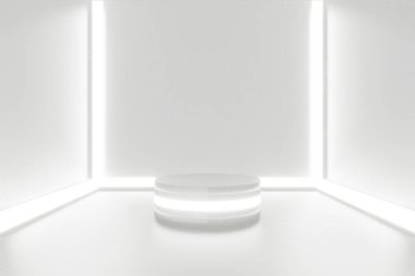 Gösteriş için fütüristik kaide. Ürün için boş podyum. 3d oluşturma