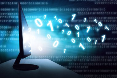 Teknoloji konsepti, monitör ekranından çıkan ikili kod