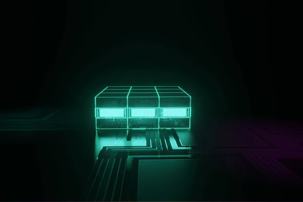 Kablo Çerçevesi Neon Parlaklığında Parlayan Kutu Oluşturuldu — Stok fotoğraf