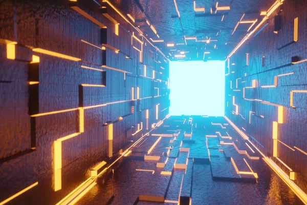 Aydınlatılmış koridor iç tasarımı. Işık arka planlı soyut gelecekçi tünel. 3B görüntüleme.