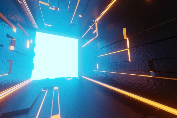 照明走廊室内设计 浅层背景的未来主义隧道 3D渲染 — 图库照片
