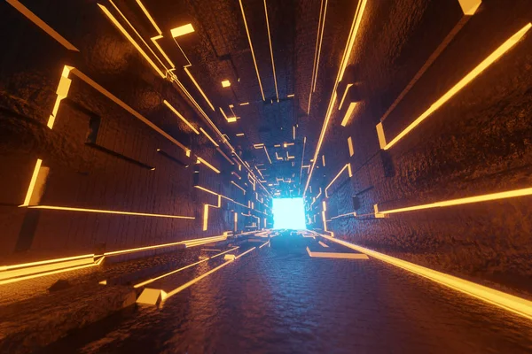 Belyst Korridor Inredning Abstrakt Futuristisk Tunnel Med Ljus Bakgrund Rendering — Stockfoto