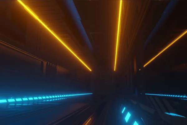 Aydınlatılmış koridor iç tasarımı. Işık arka planlı soyut gelecekçi tünel. 3B görüntüleme.