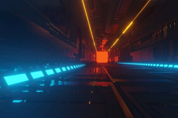 Aydınlatılmış koridor iç tasarımı. Işık arka planlı soyut gelecekçi tünel. 3B görüntüleme.